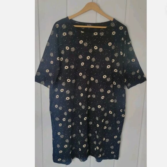 A.P.C. Rue Madame Paris Black Floral Cotton T Shirt Dress Lagenlook Galaxy - Picture 1 of 8